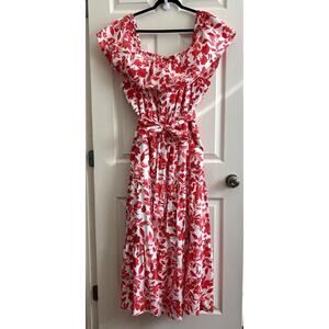 LANE BRYANT Red Floral Ruffle Off Shoulder Tie Waist Tiered Midi Dress Sz 26/28